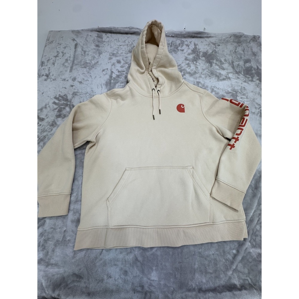 Carhartt Hoodie Women's‎ Size 1X Beige Front Logo Sleeve Pullover Sweatshirt EUC